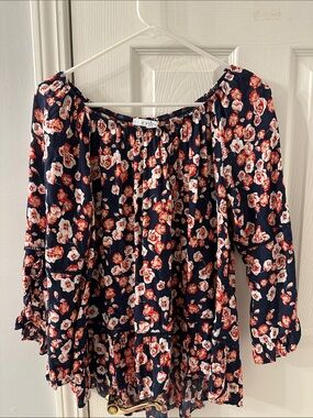 Navy Floral Off-Shoulder Tunic with Coral Blooms